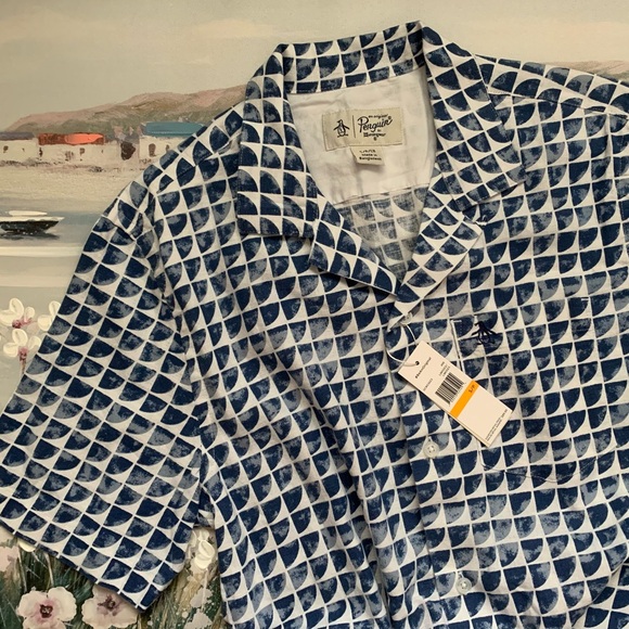 Original Penguin Printed Men’s Short Sleeve Button Down Linen Shirt🐧🏝️☀️ - Picture 1 of 11